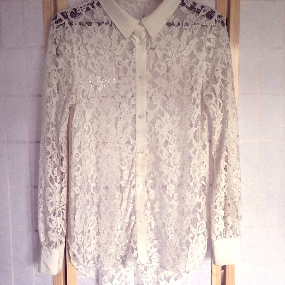 Vintage White Lace/silk Button Up